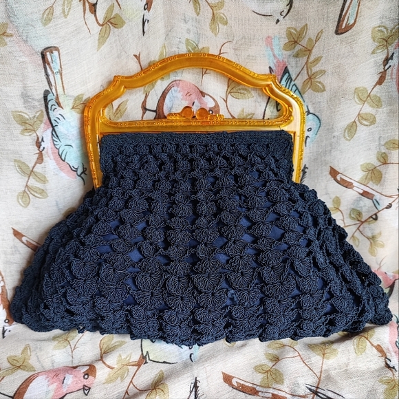 Vintage 1940's Large Half Moon Corded Clutch Purse Crochet Carved Lucite Handle - Picture 2 of 10